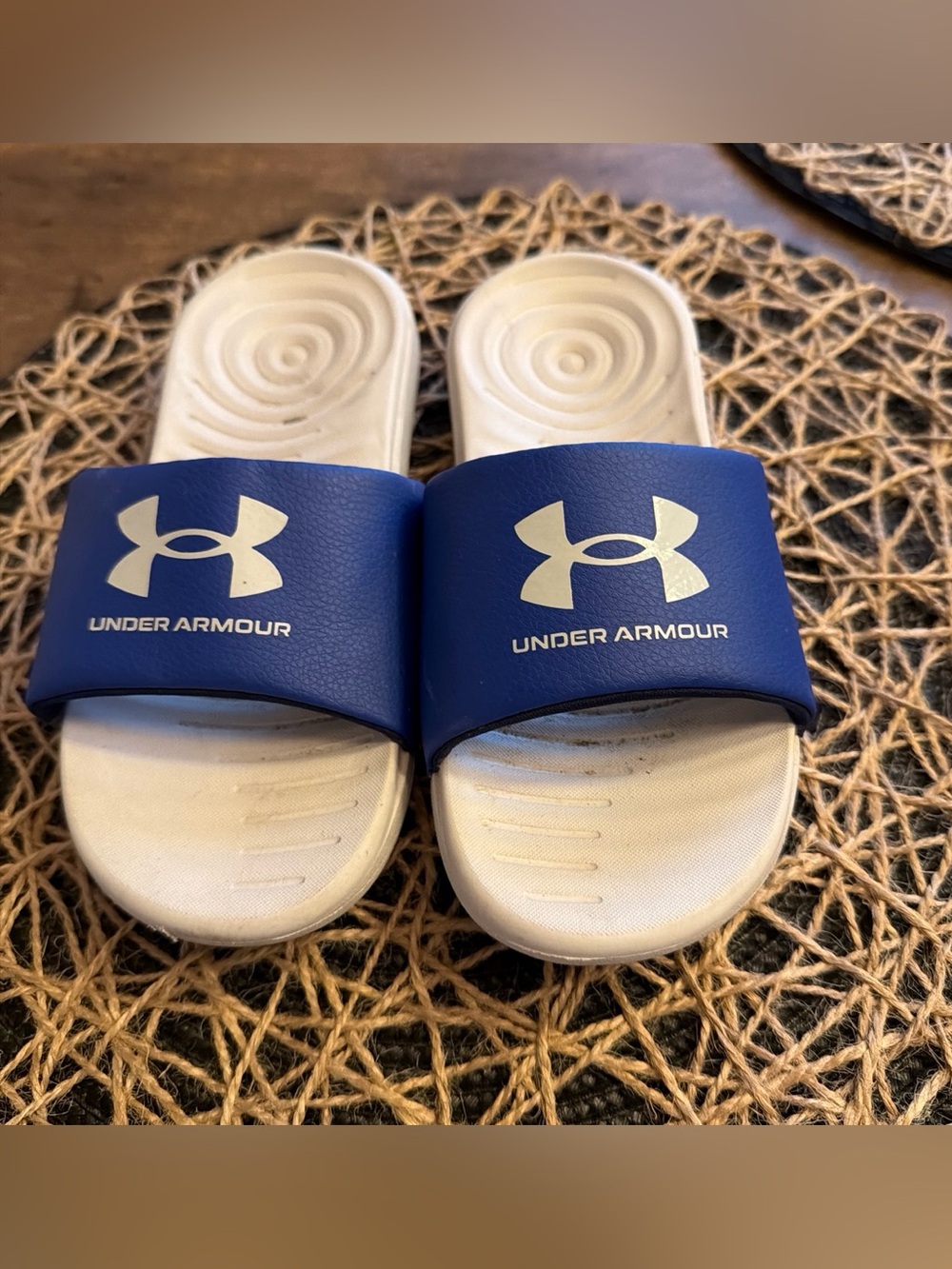 Under Armour Kids Blue and White Slide Sandals with Logo